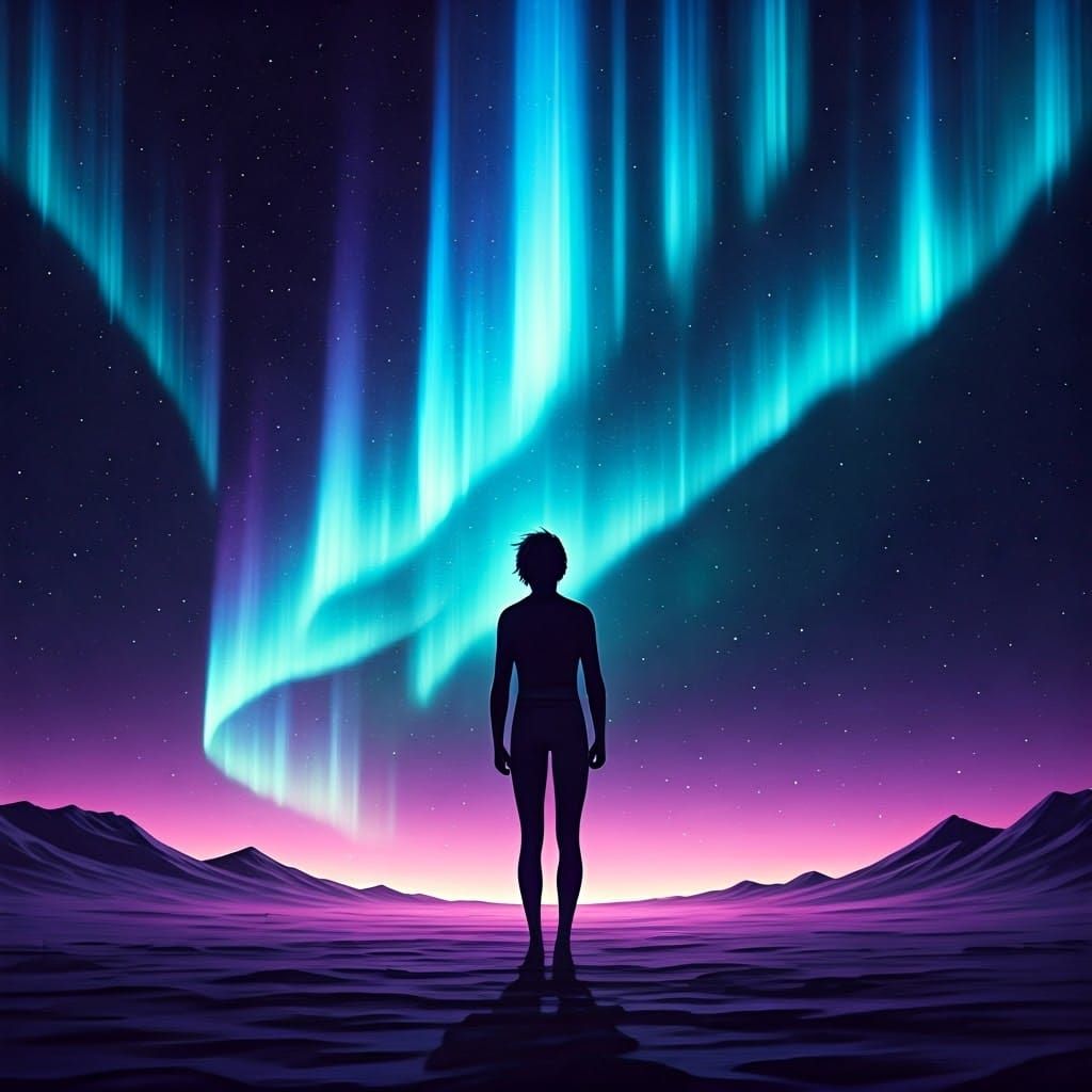 Aurora Borealis with Contemplative Figure, in Dreamlike Digi...