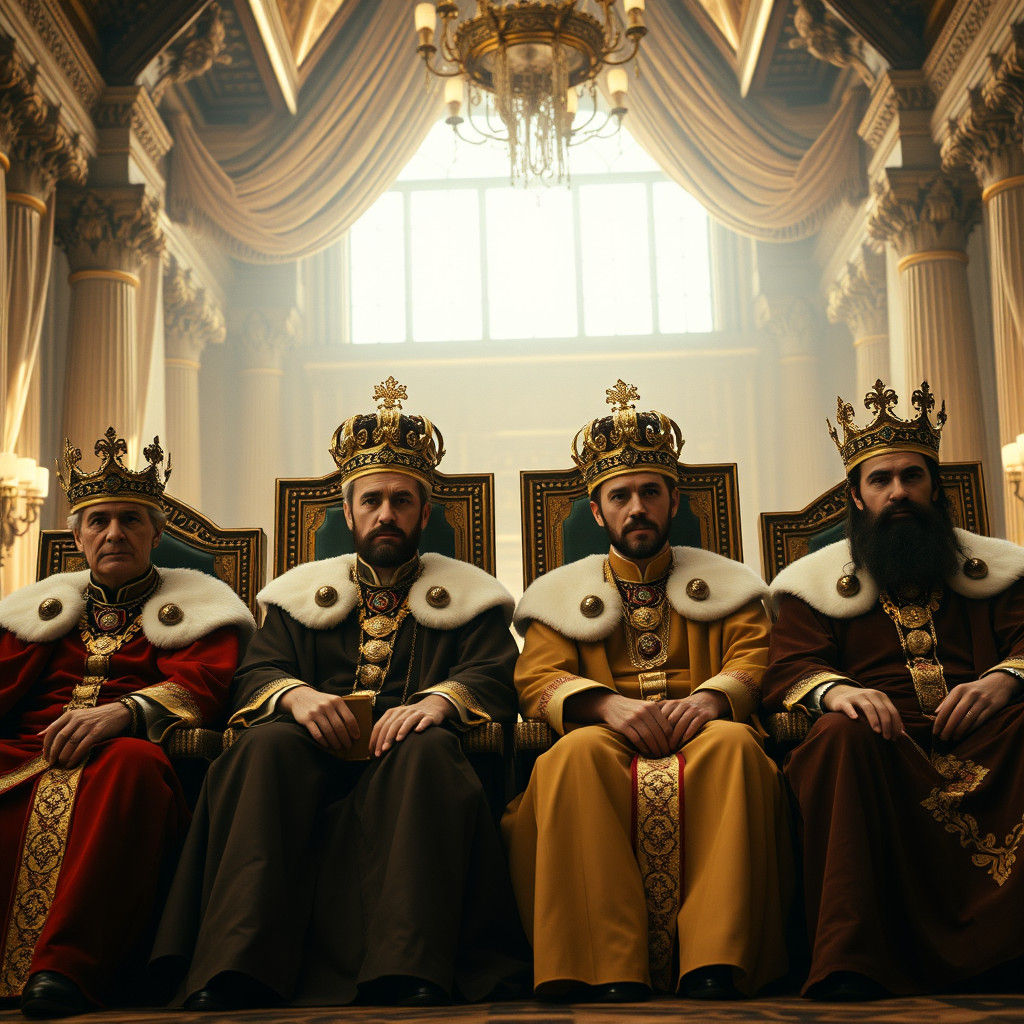 Regal Kings on Thrones in Grand Hall, Cinematic Style
