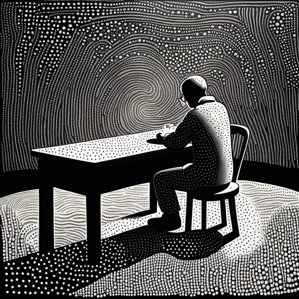 Monochrome Pointillist Figure at Desk, Seurat-Inspired