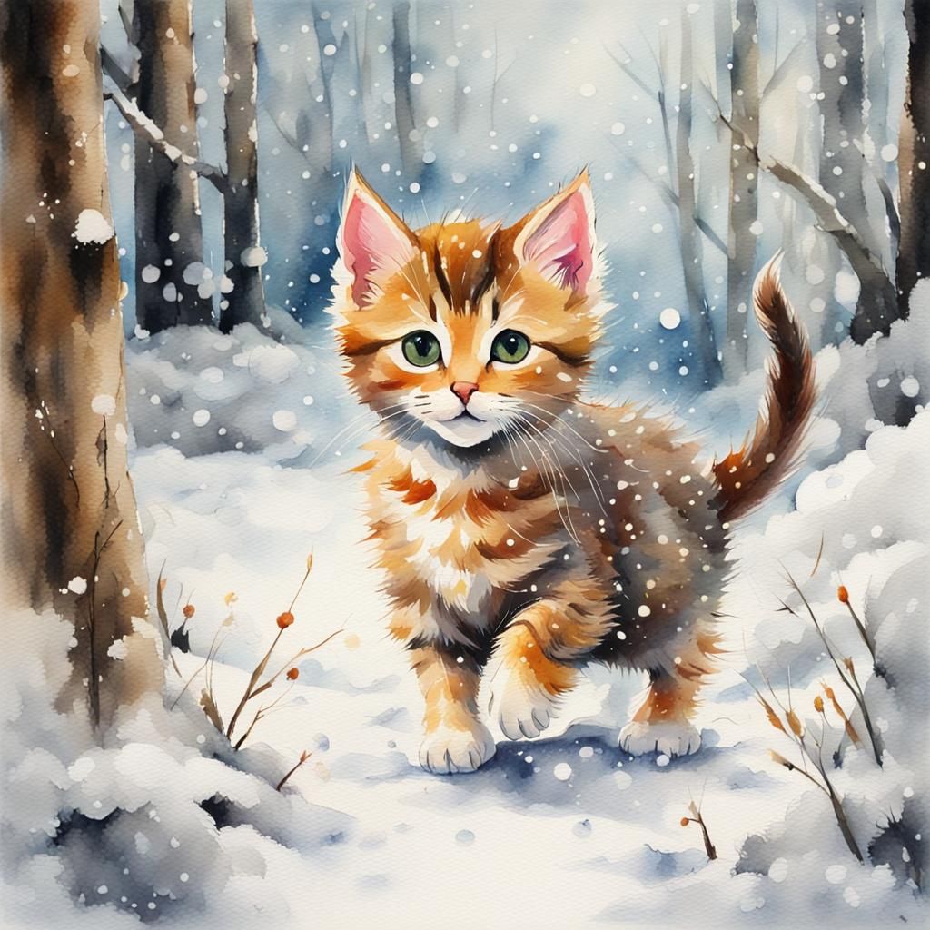 Kitten's Snowy Forest Walk: Mixed Media Painting