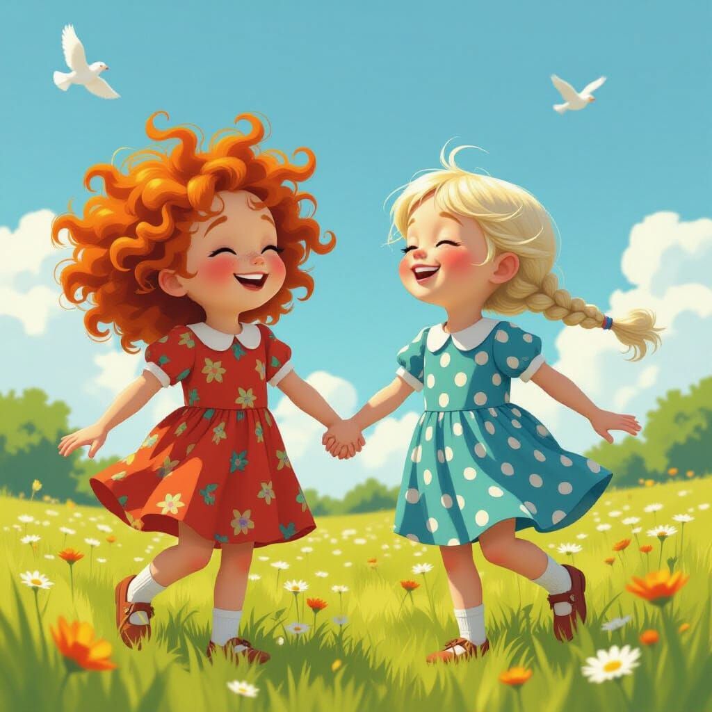 Two Girls Twirling in a Sunny Meadow - Photorealistic