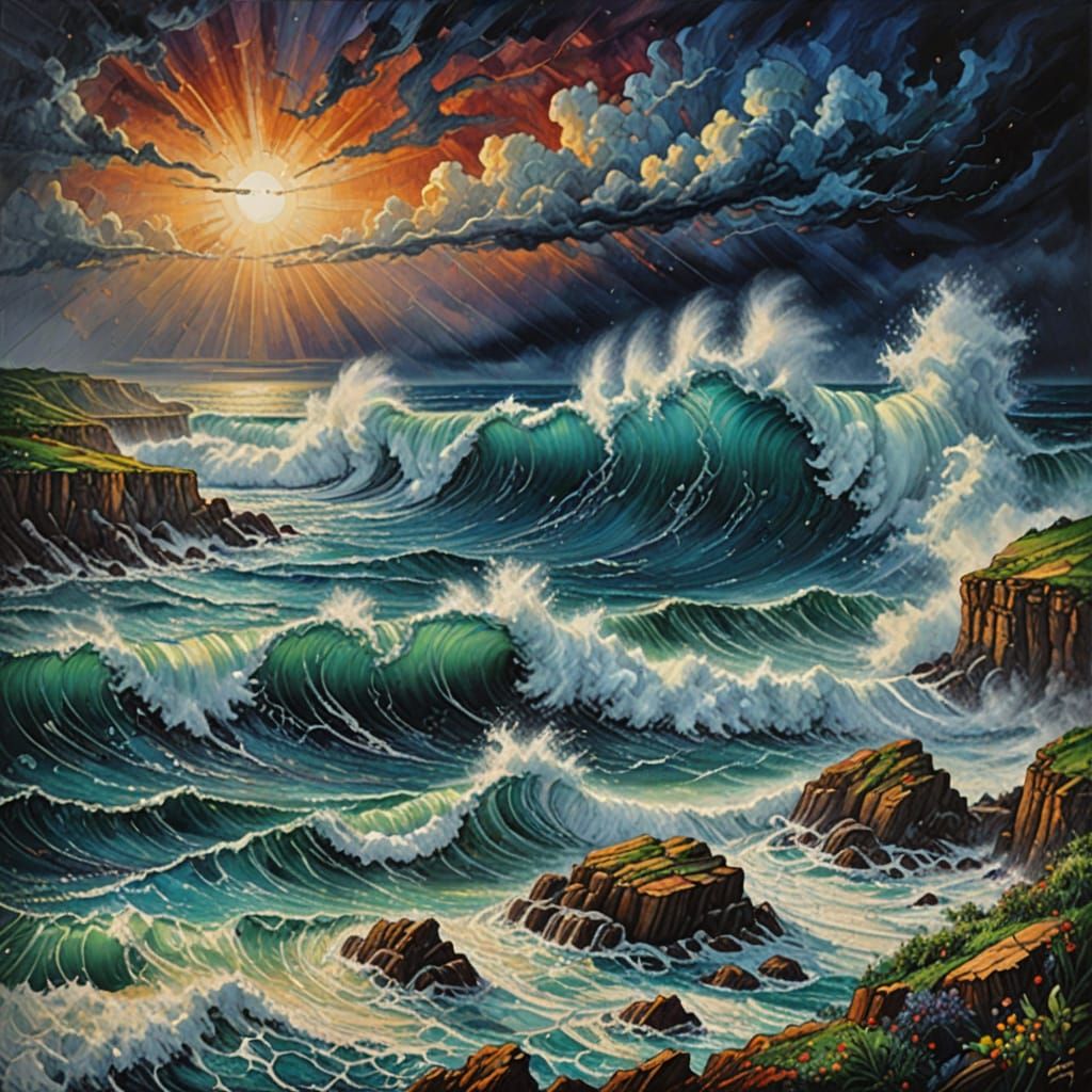 Stormy Ocean Waves in Deep Colors, Impasto Oil Painting