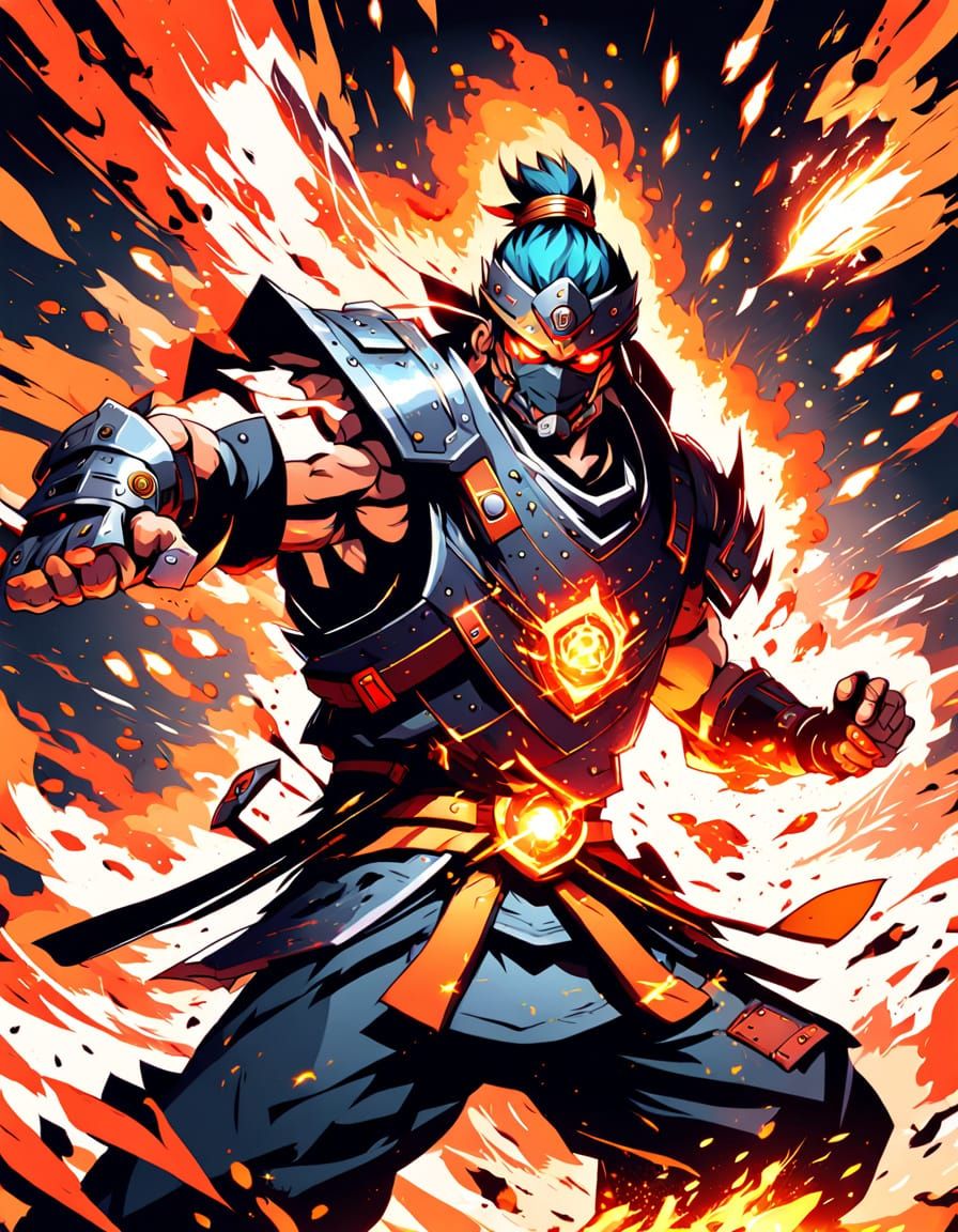 Anime Warrior Hurls Fiery Projectile in Dynamic Battle