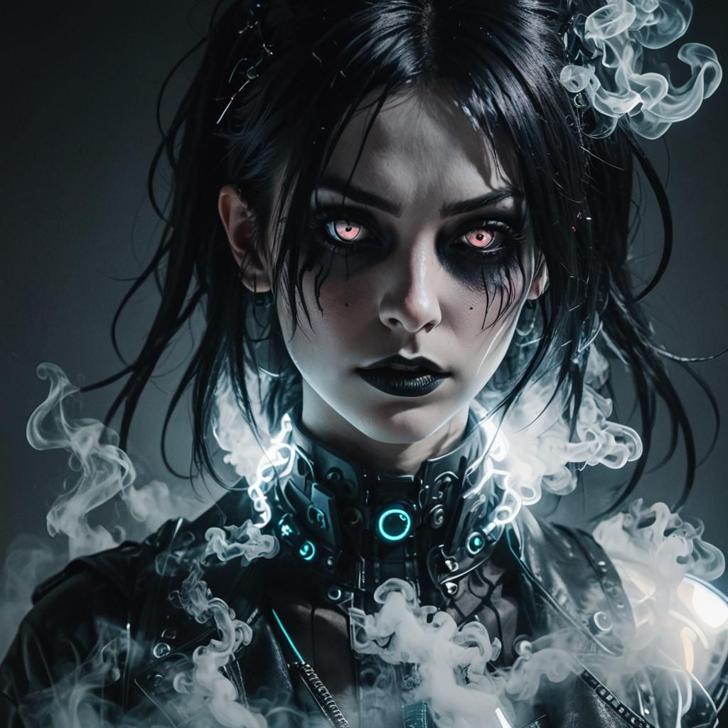 Goth Model in Amber Neon Cyberpunk Scene