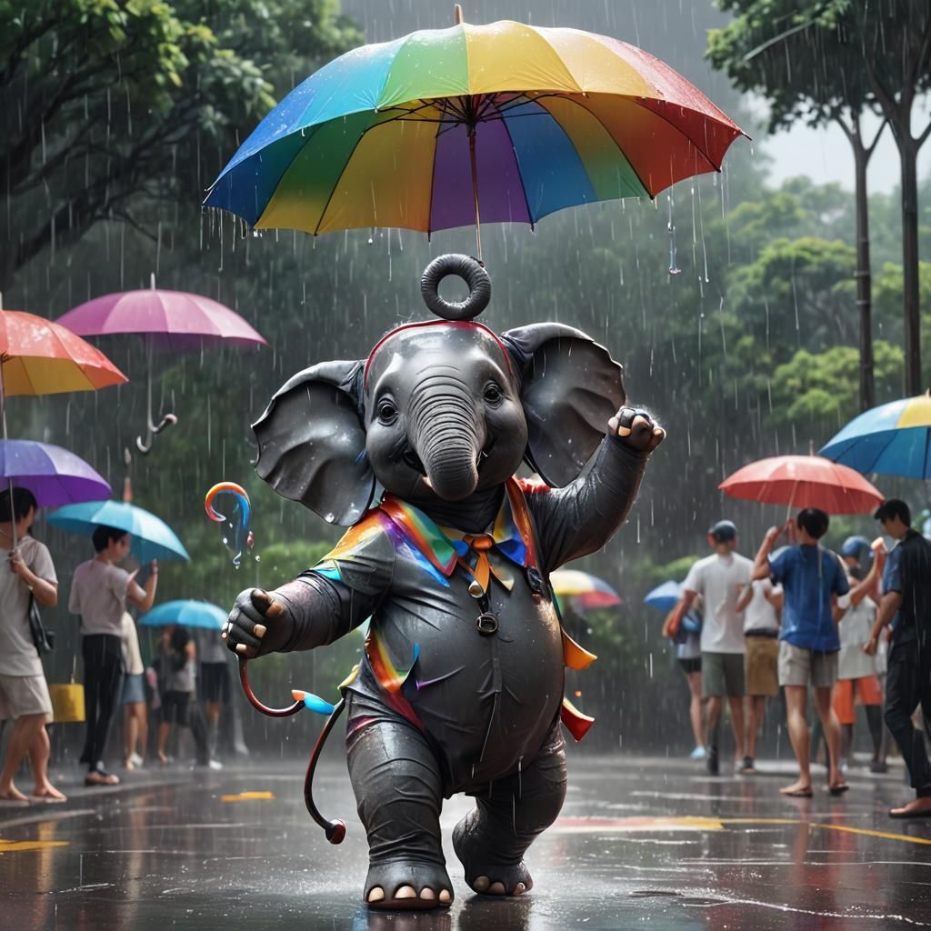 Anthropomorphic Elephant holding a rainbow colored umbrella ...