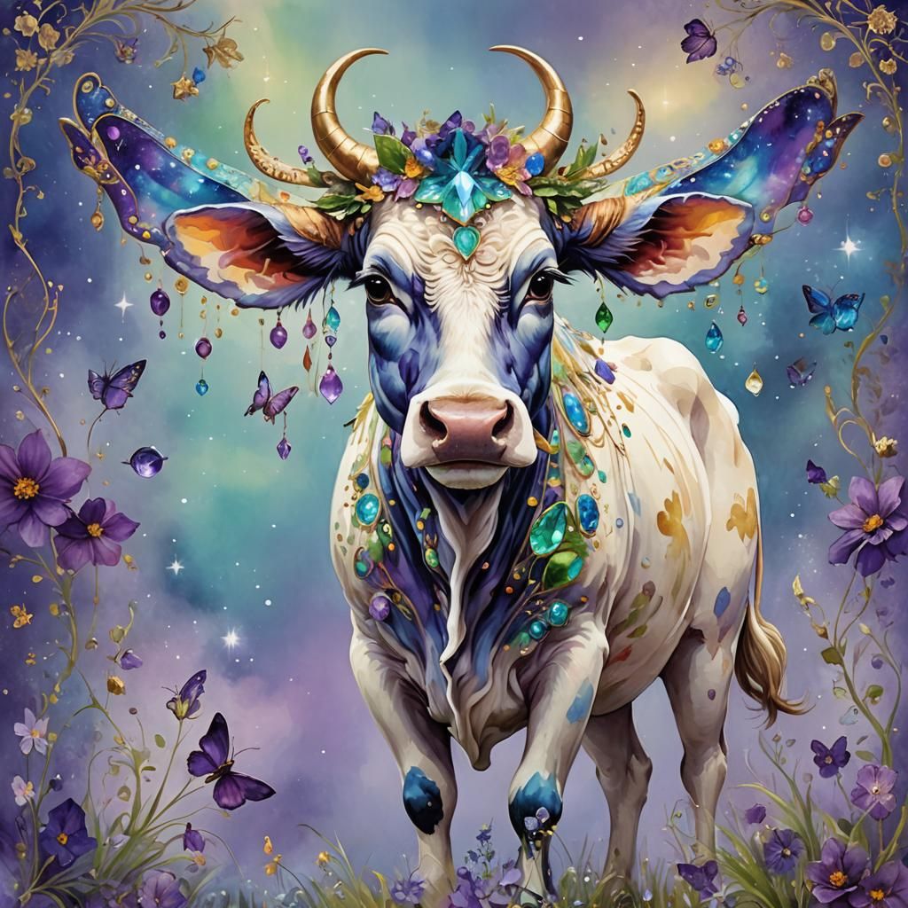 Fantastical Cow with Shimmering Fur in Magical Forest
