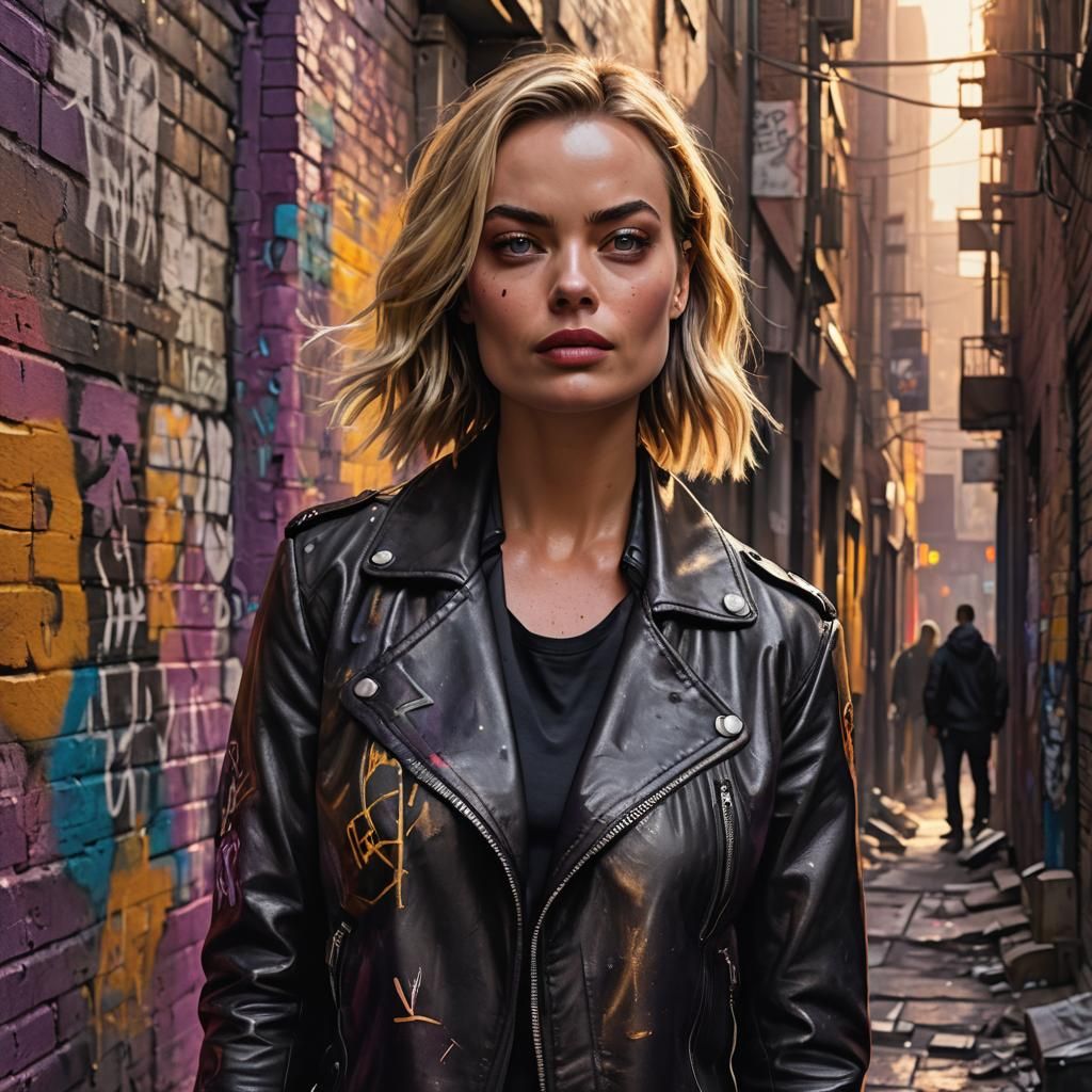 Margot Robbie in Gritty Alleyway: Hyperrealistic Art