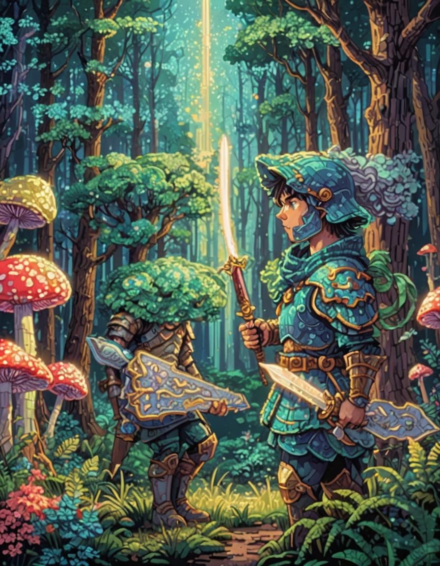 Warrior in Mystical Forest: Retro Pixel Art