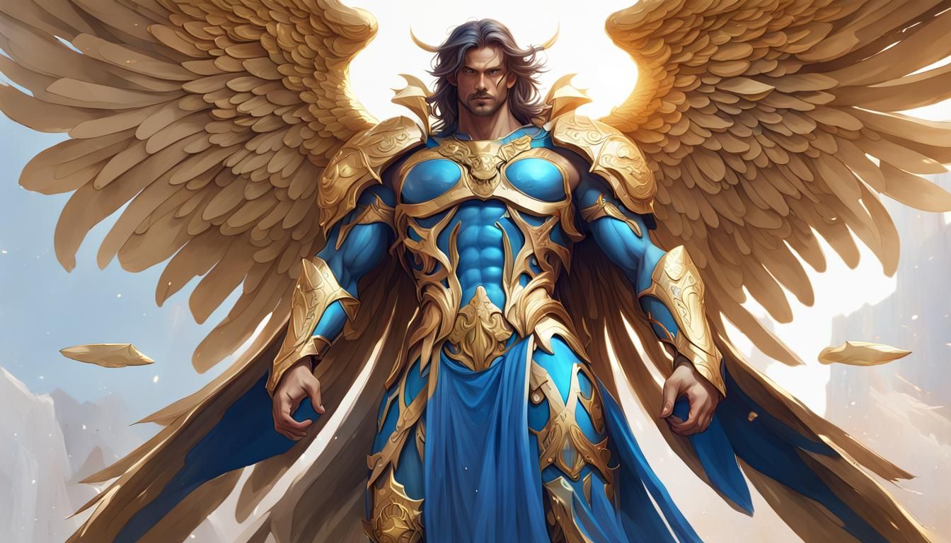 Angelic Warrior in Blue and Gold Armor