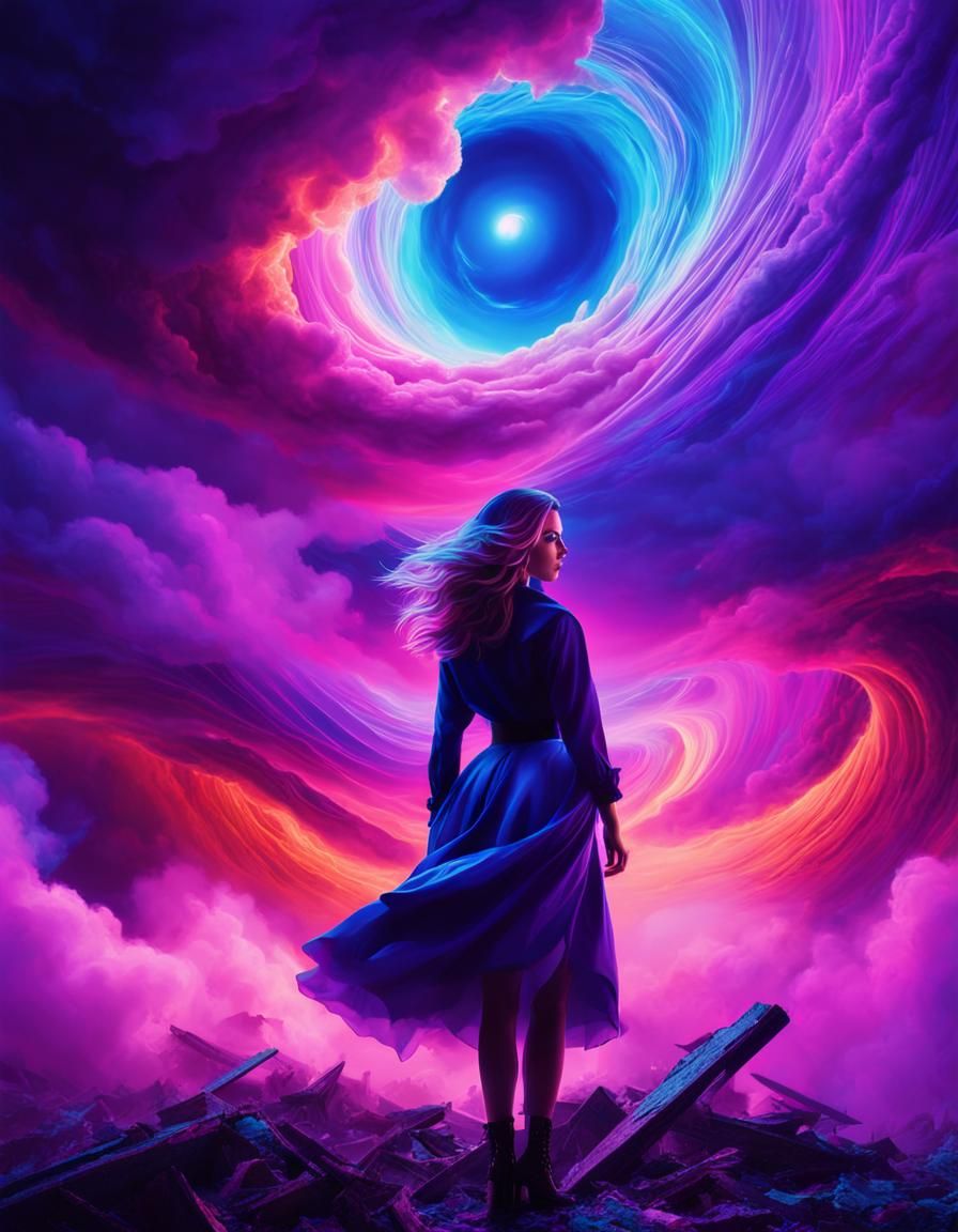 Surreal holographic presence, young mysterious woman. Hurric...