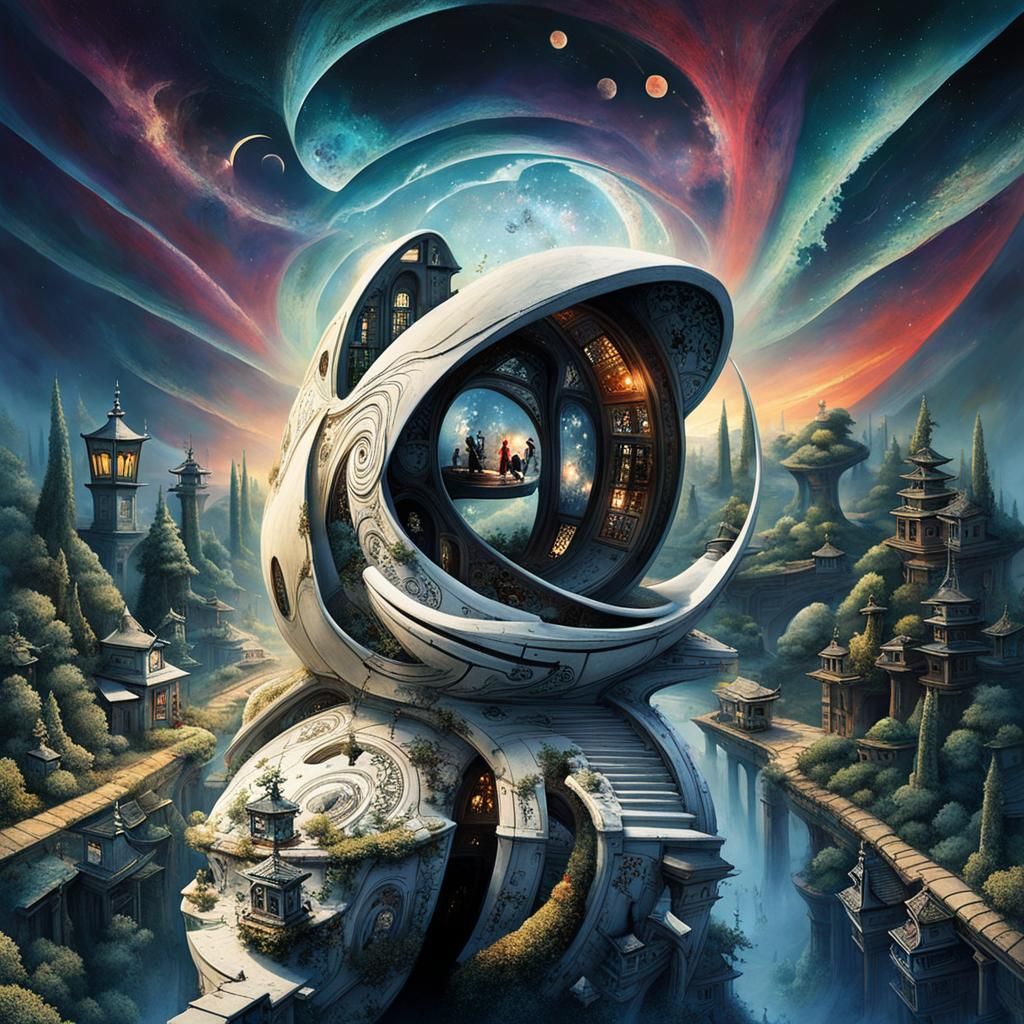 Surreal Stargate Scene with Bonsai Cottages