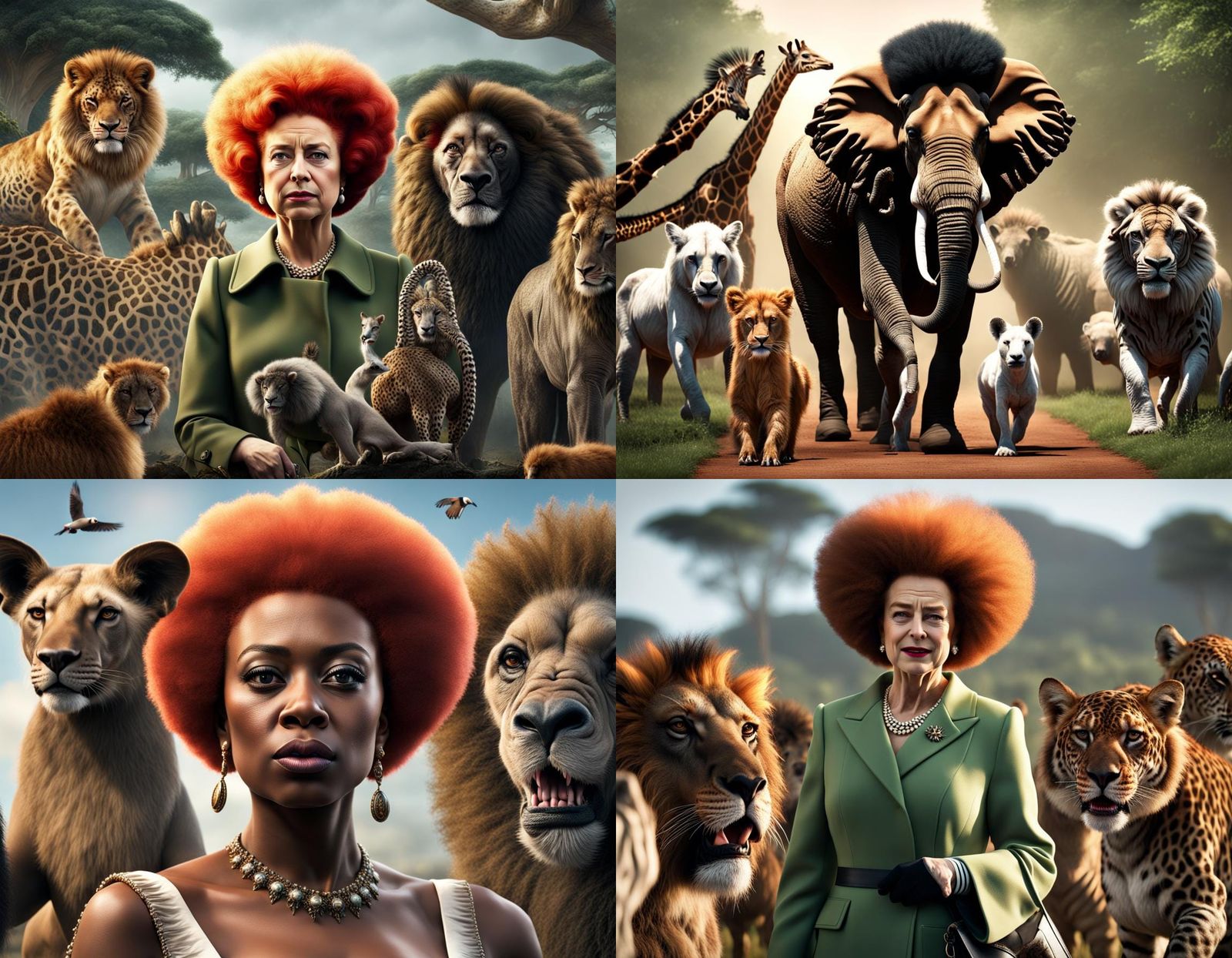 Queen Elizabeth with Afro and Mutant Animals