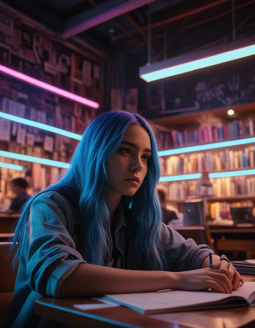 Blue Haired Student Concentrates Under Neon Lights