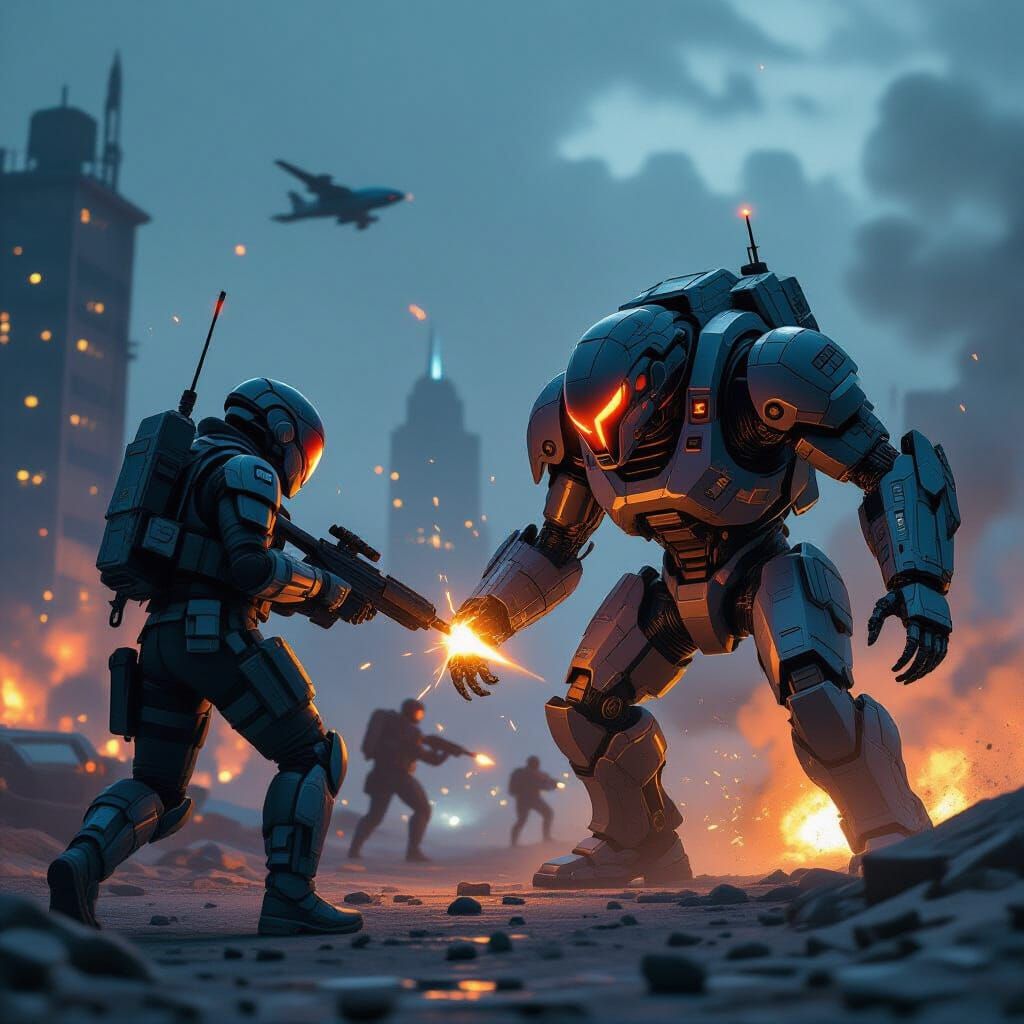 Futuristic Soldiers Clash with Cybernetic Beasts in War-Torn...