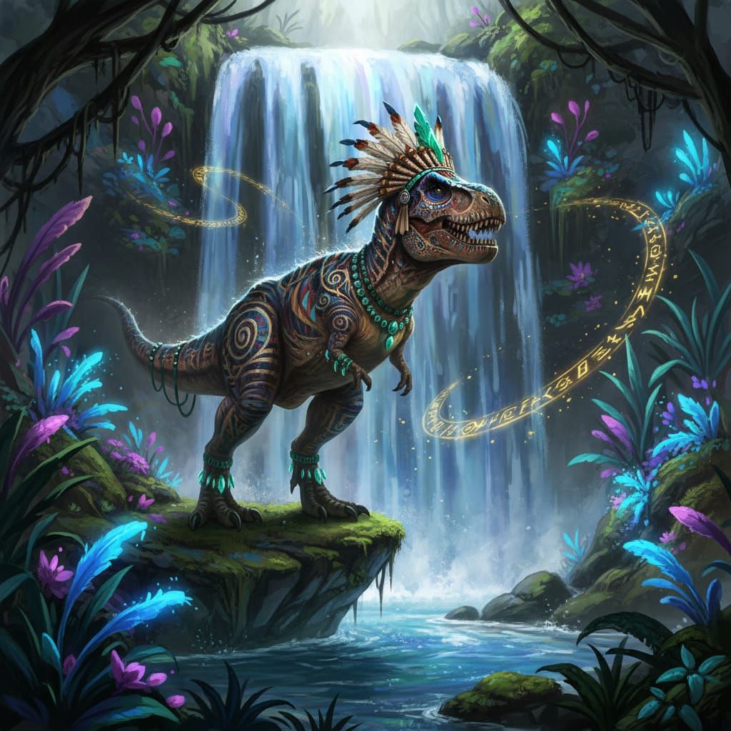 T-Rex Warrior with Tribal Markings at Mystical Waterfall
