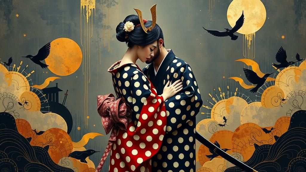 Noblewoman and Samurai Embrace in Surrealist Japanese Art