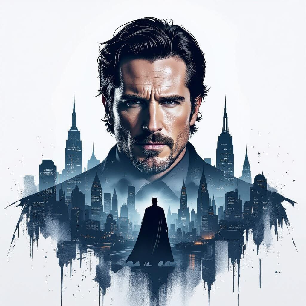 Double exposure artwork featuring Christian Bale as the main...