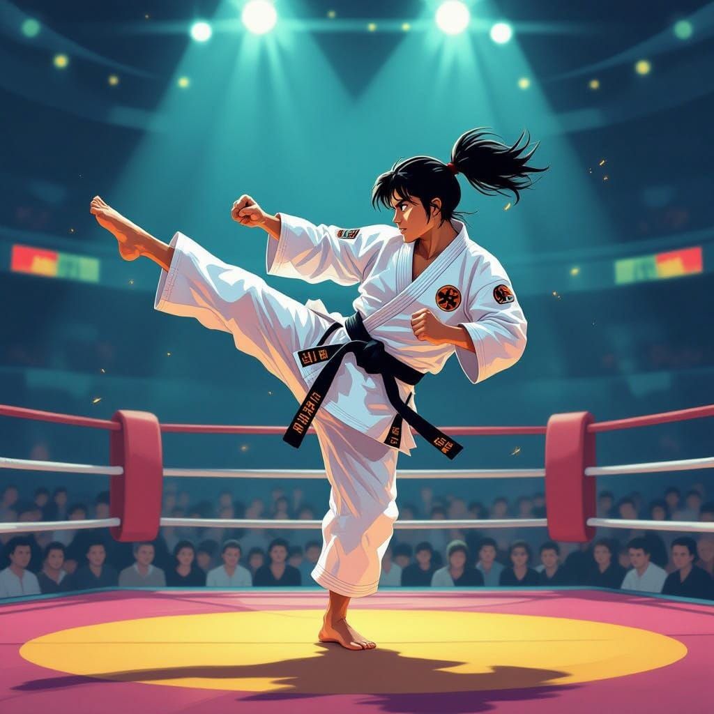 The martial artist Kenta displays his Roundhouse Kick (Mawashi Geri) in the ring