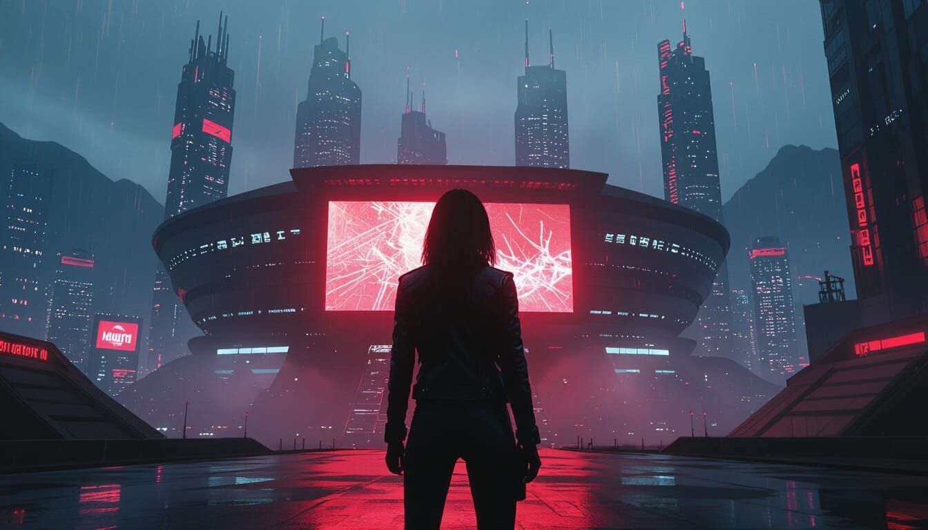 Futuristic Cyberpunk Stadium at Night in Neon Glow