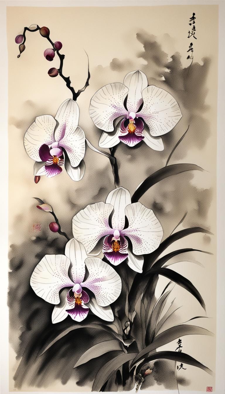 Orchid Flowers in Chinese Ink Painting