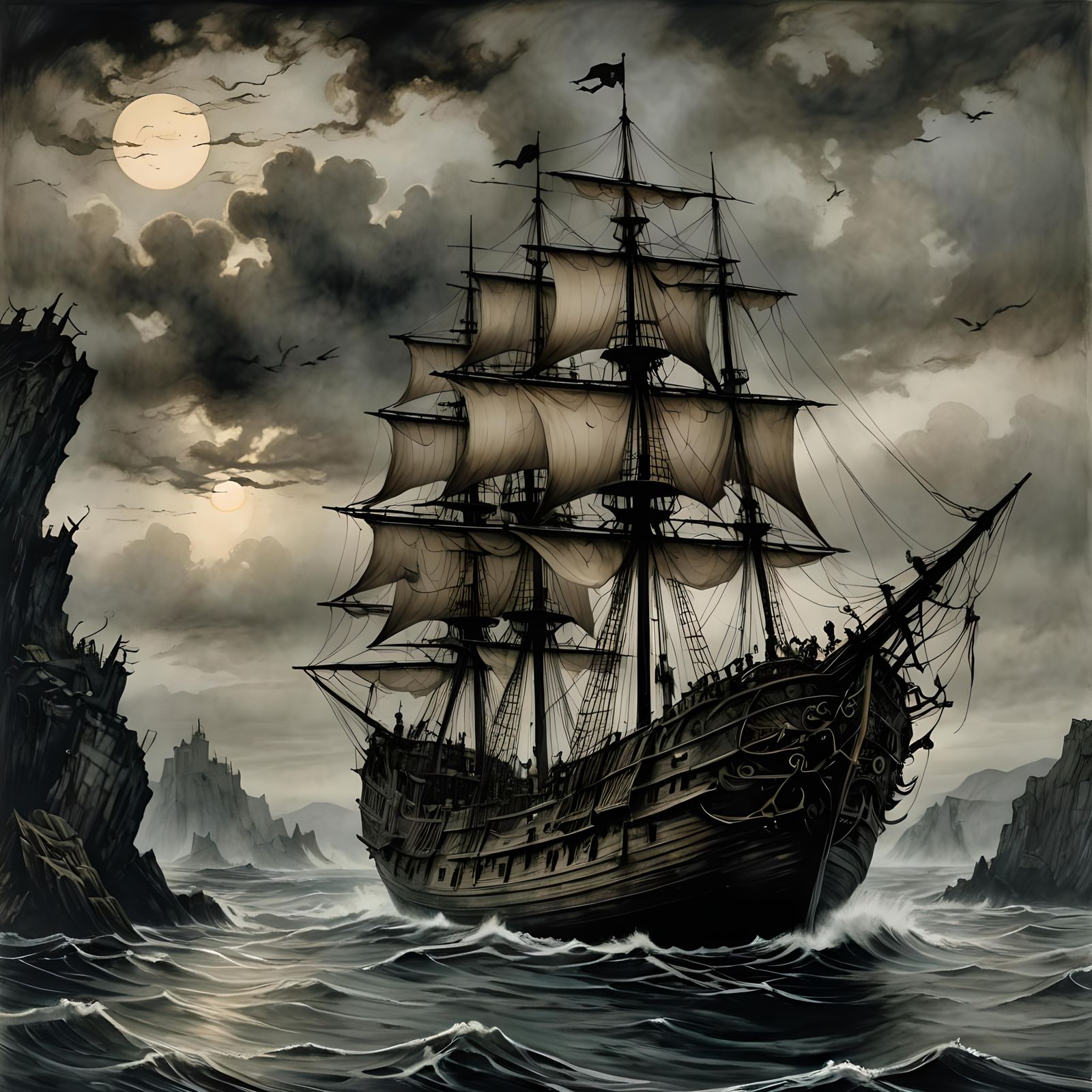 Ghost ship, By arthur rackham, by tim  burton