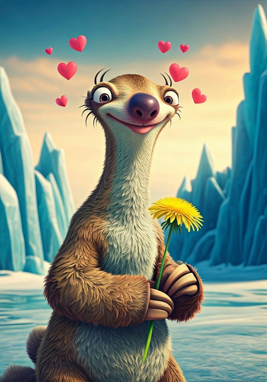 Sid the Sloth in Love with Dandelion in Winter