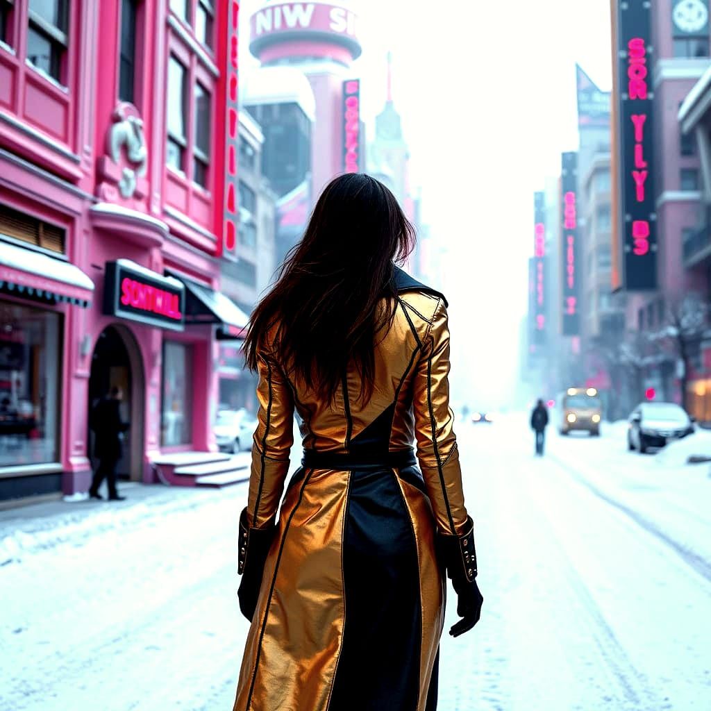 Gothic City Goddess Strolls Through Snowy Metropolis