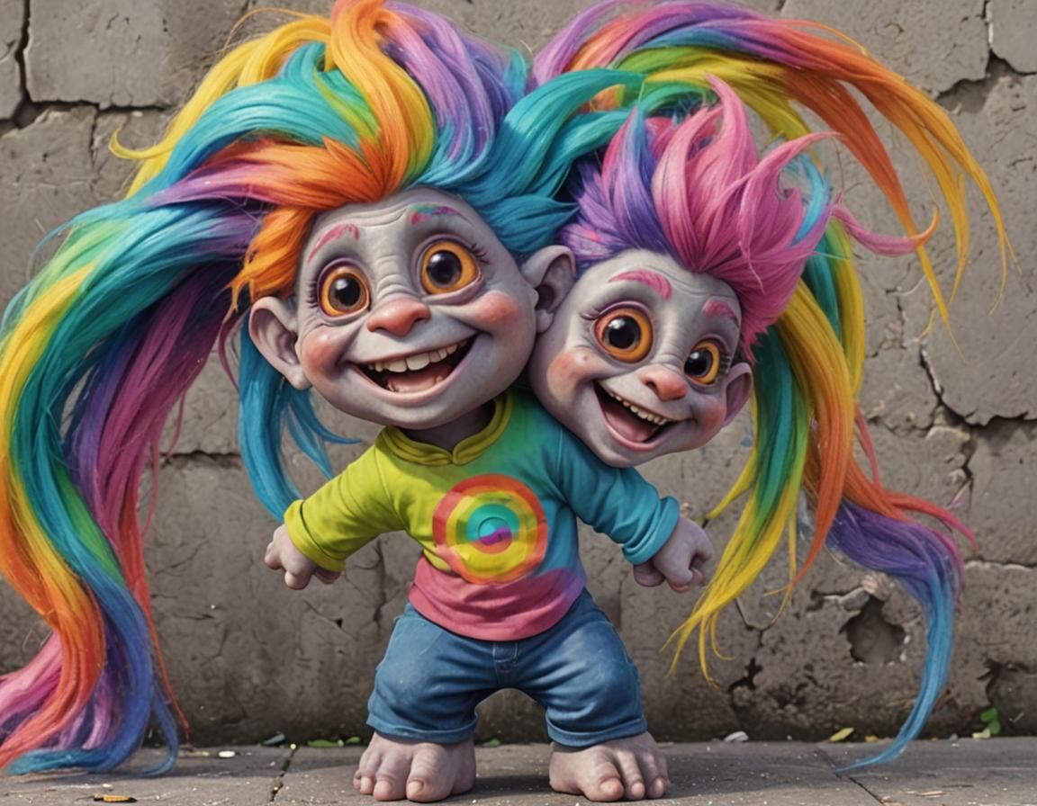 Two-Headed Troll Doll with Rainbow Hair in 3D Anime Art