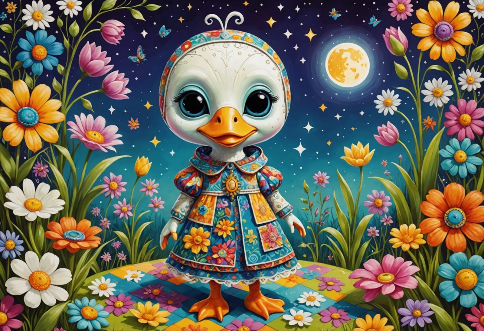 Little Alien in Vibrant Floral Wonderland