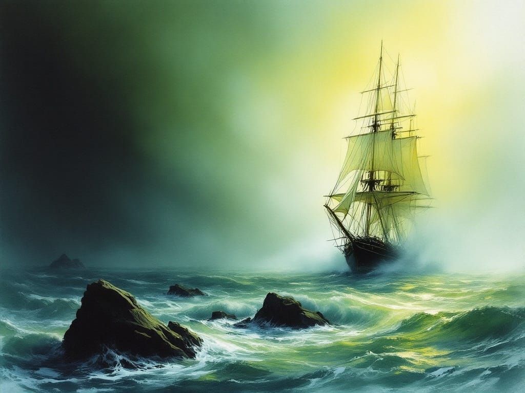 Surreal Schooner Emerges from Stormy Sea in Watercolor Style