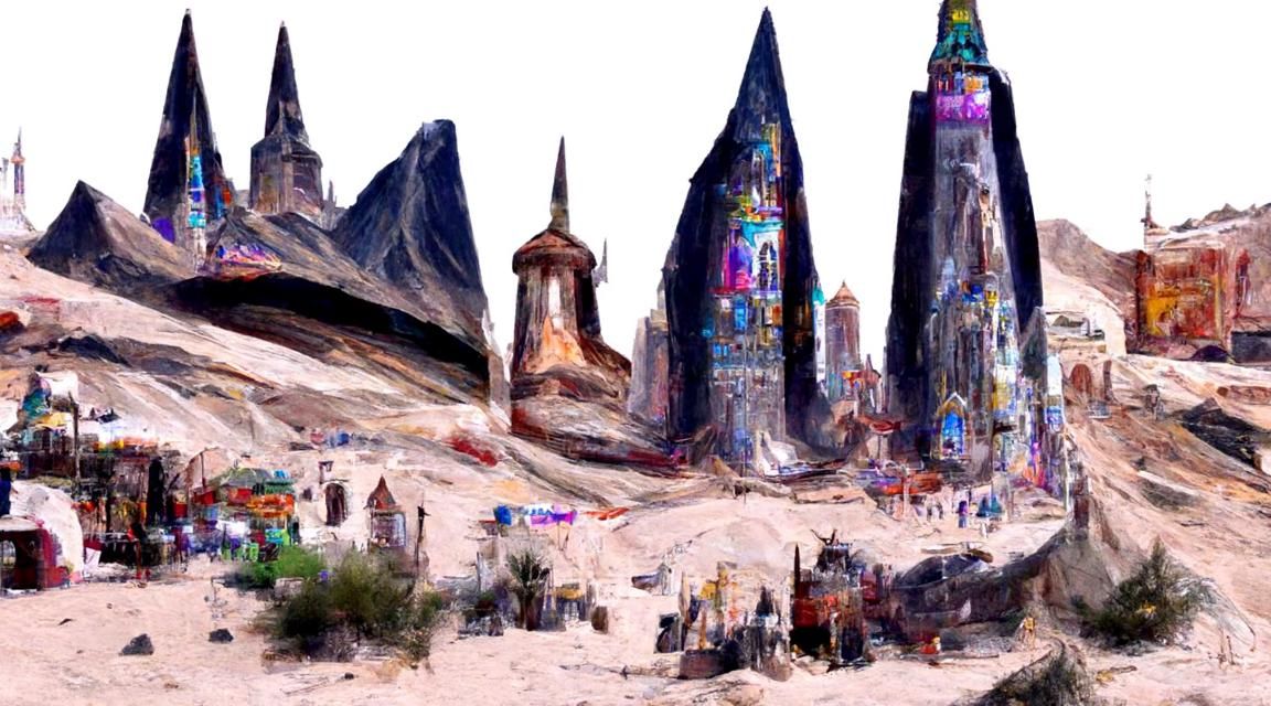 Fantasy Desert City with Mountain Spire: Digital Painting