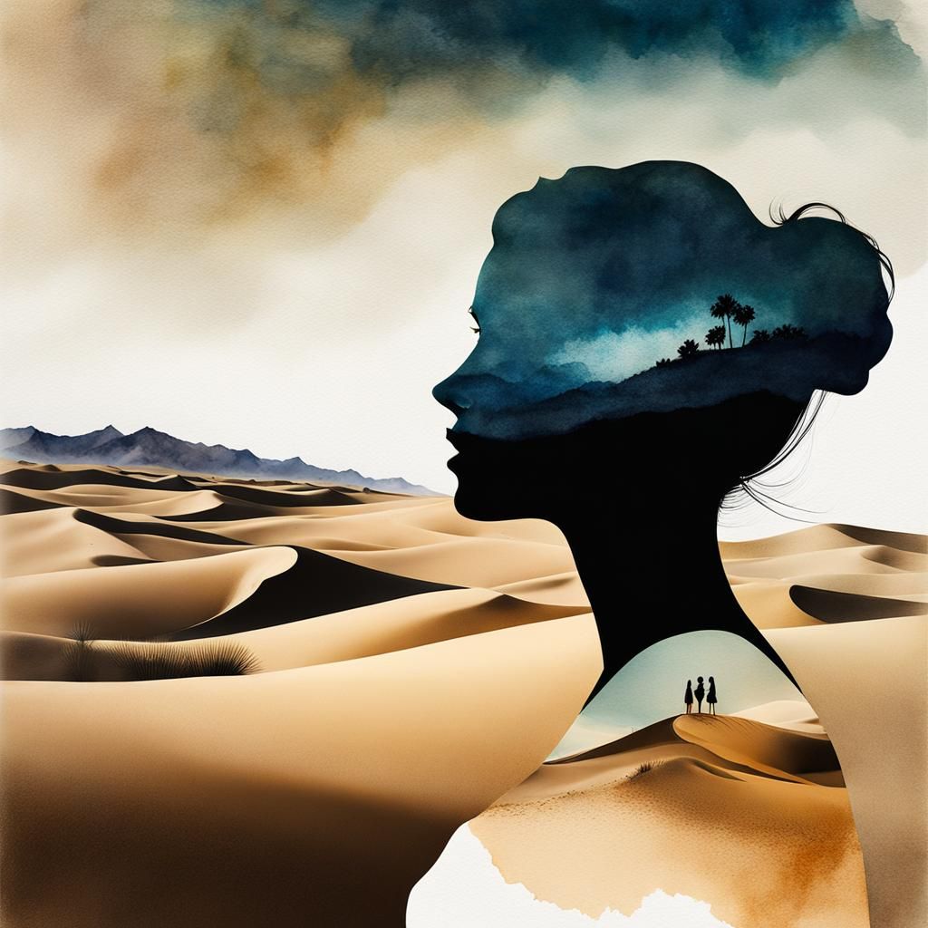 Double Exposure: Desert Silhouette in Watercolor