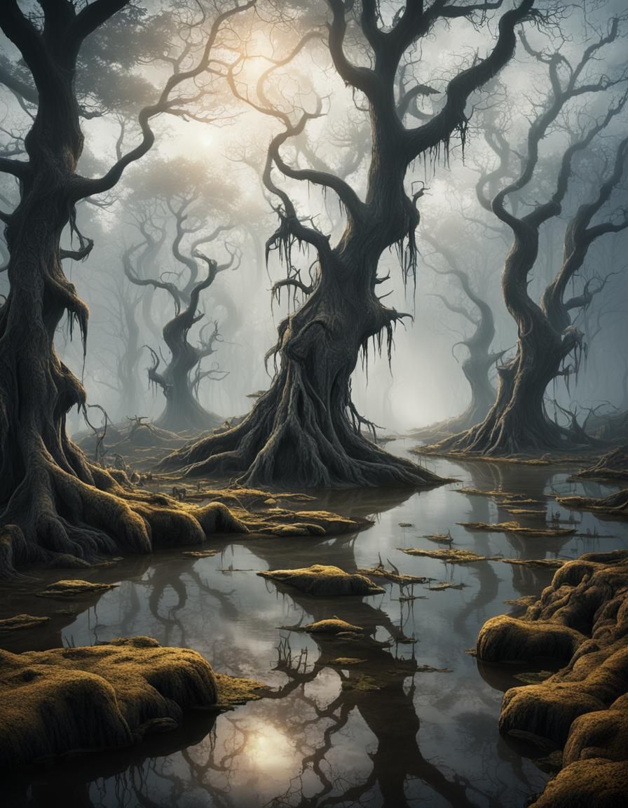 Eerie Dark Fantasy Landscape of Dreadmire Marshes