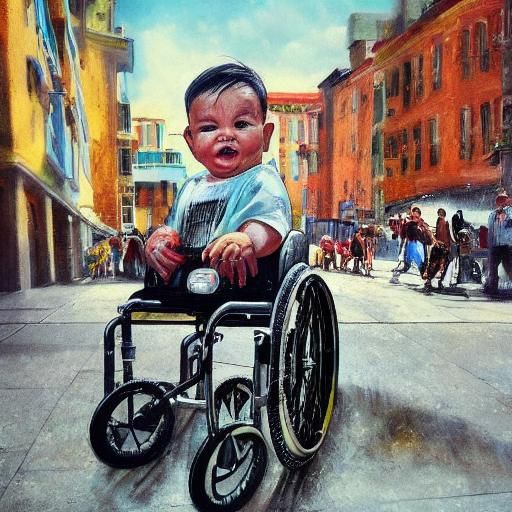 Terrified Baby in Wheelchair: Hyperrealistic Concept Art