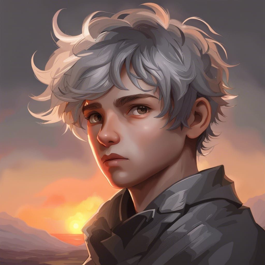 Boy with Gray Hair Portrait in Detailed Lighting