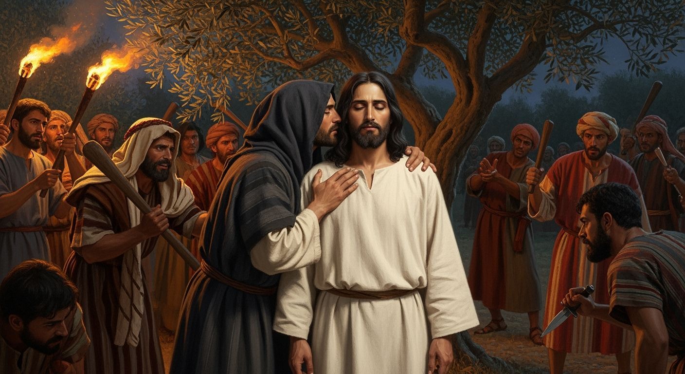 Biblical Betrayal Scene in Olive Orchard at Night