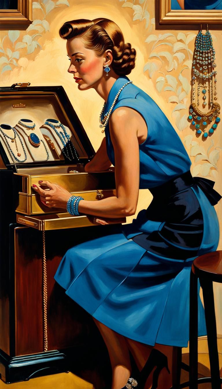 1950s Housewife at Jewelry Counter, in Rockwell Style
