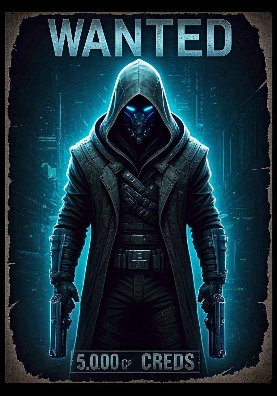 Futuristic Cyborg Bounty Hunter Poster in Sci-Fi Style