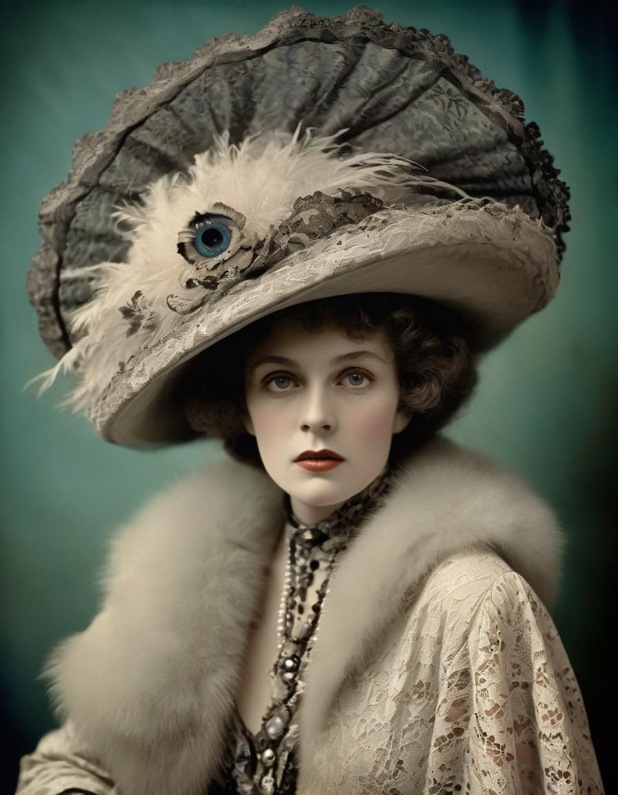 Glamorous Crone in Ridiculous Hat: Semiautochrome Photo