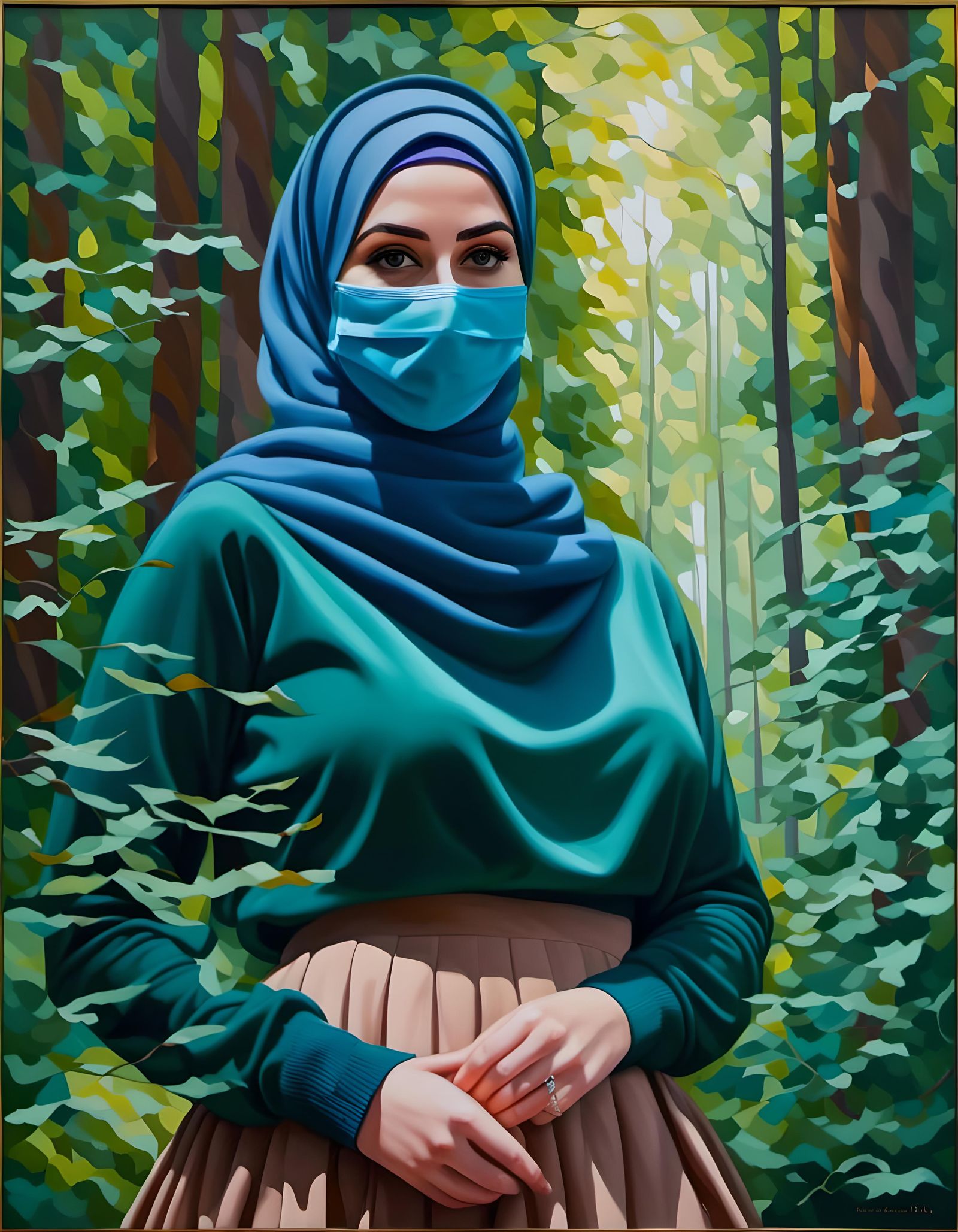 Woman in Hijab in Lush Forest: Oil Painting