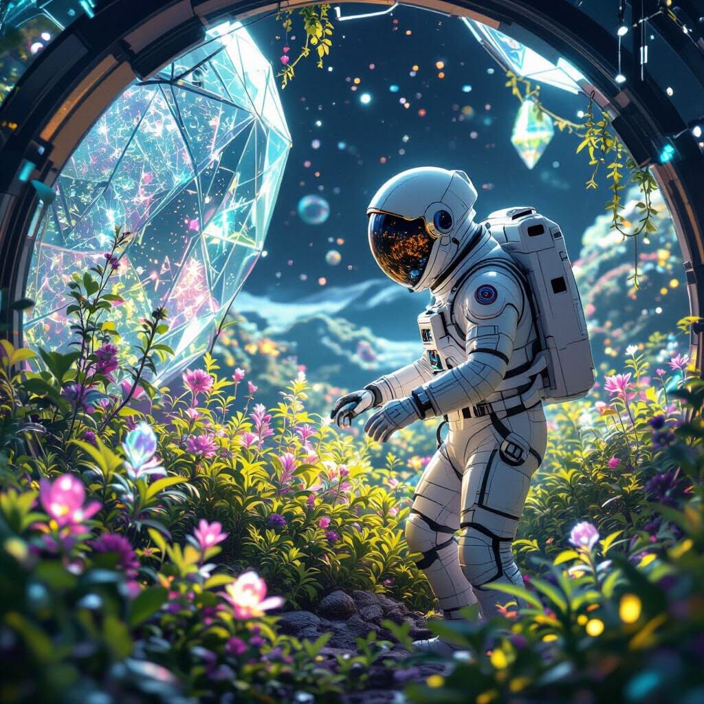 Astronaut and Bioluminescent Garden on Exoplanet