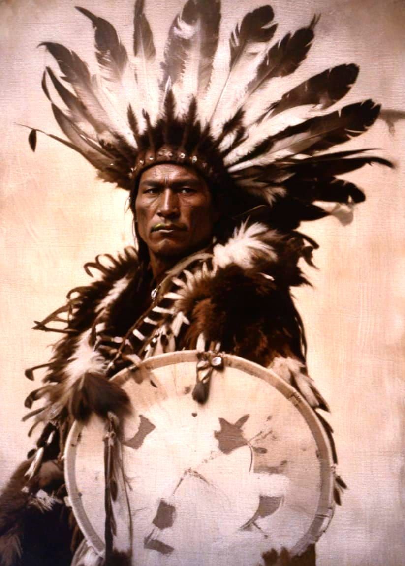 Native American Warrior in Eagle Feather Headdress