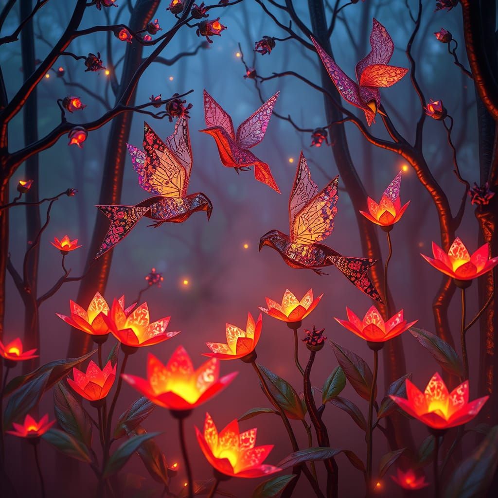 Surreal Origami Blooms in Cyberpunk Forest