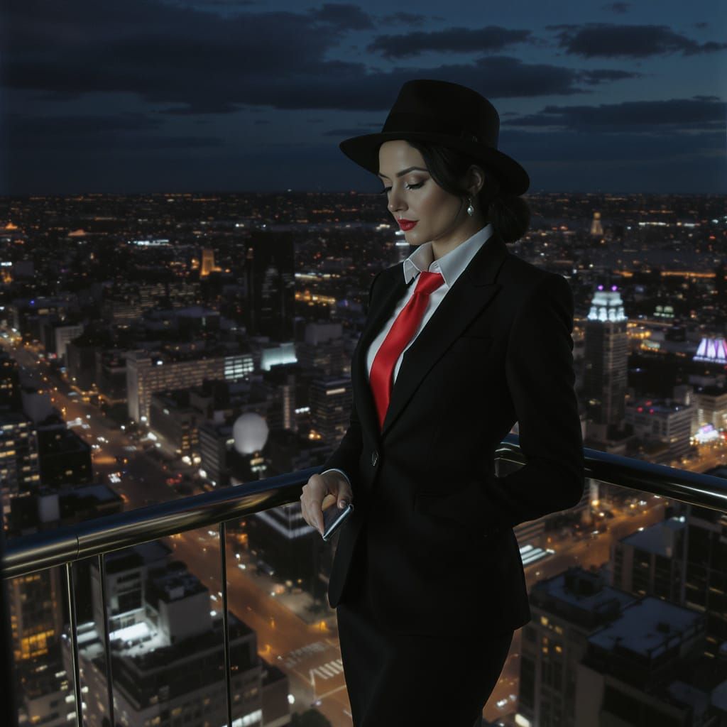 Businesswoman Contemplating Cityscape at Dusk in Fedora