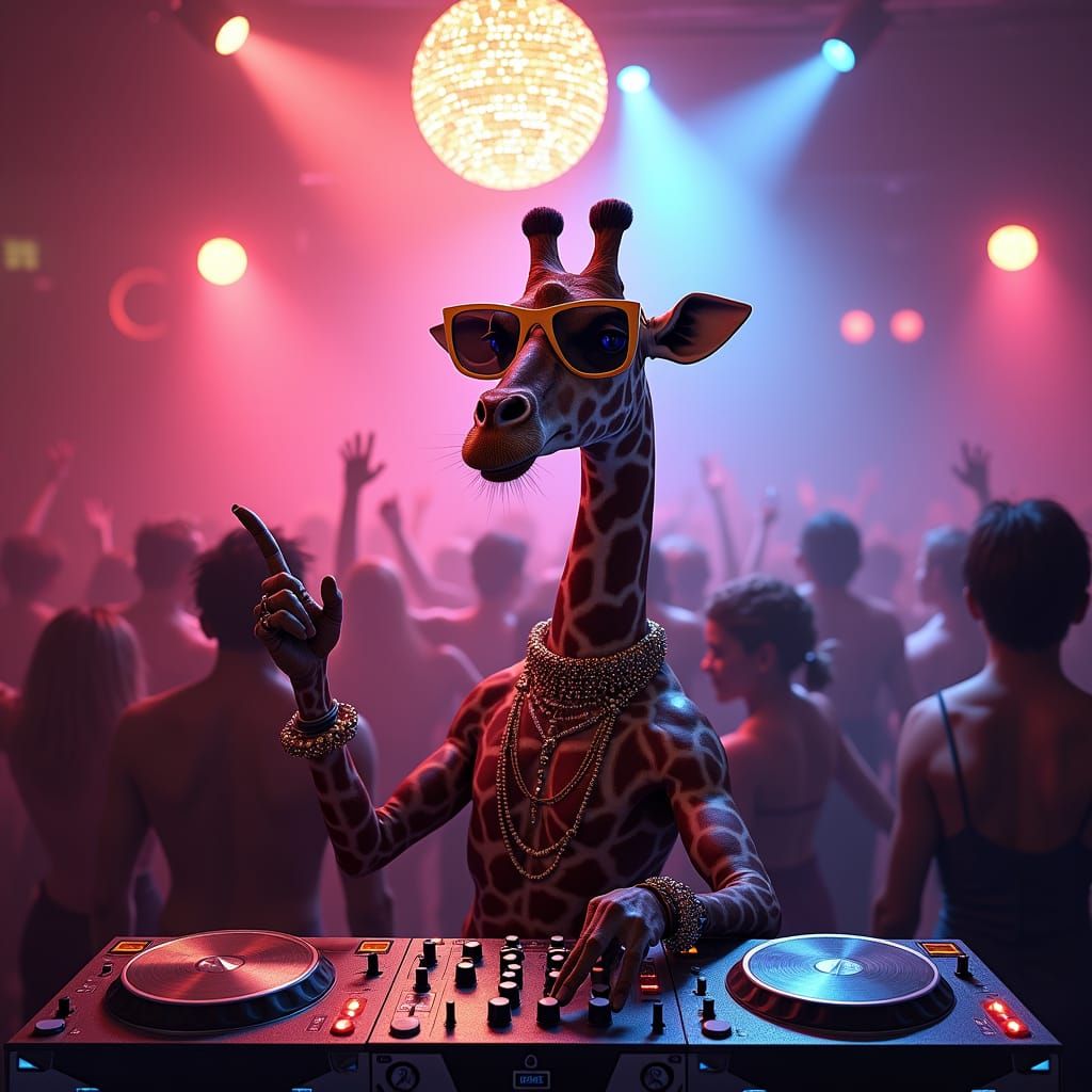 Giraffe DJ in a Cubist Art Deco Nightclub