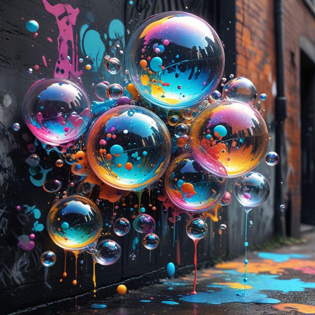 Vibrant Street Art Scene with Soap Bubbles in Graffiti Style