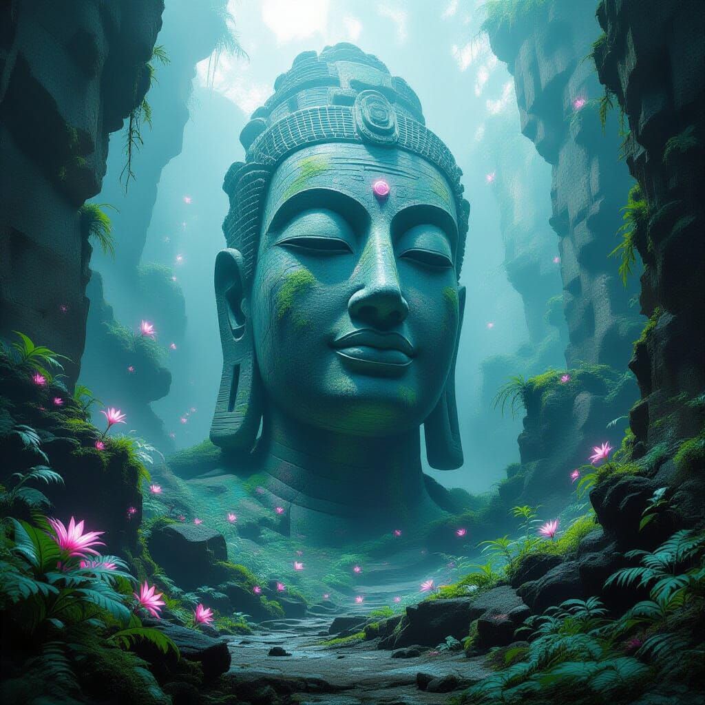 Colossal Statue in Alien Flora: Bioluminescent Light