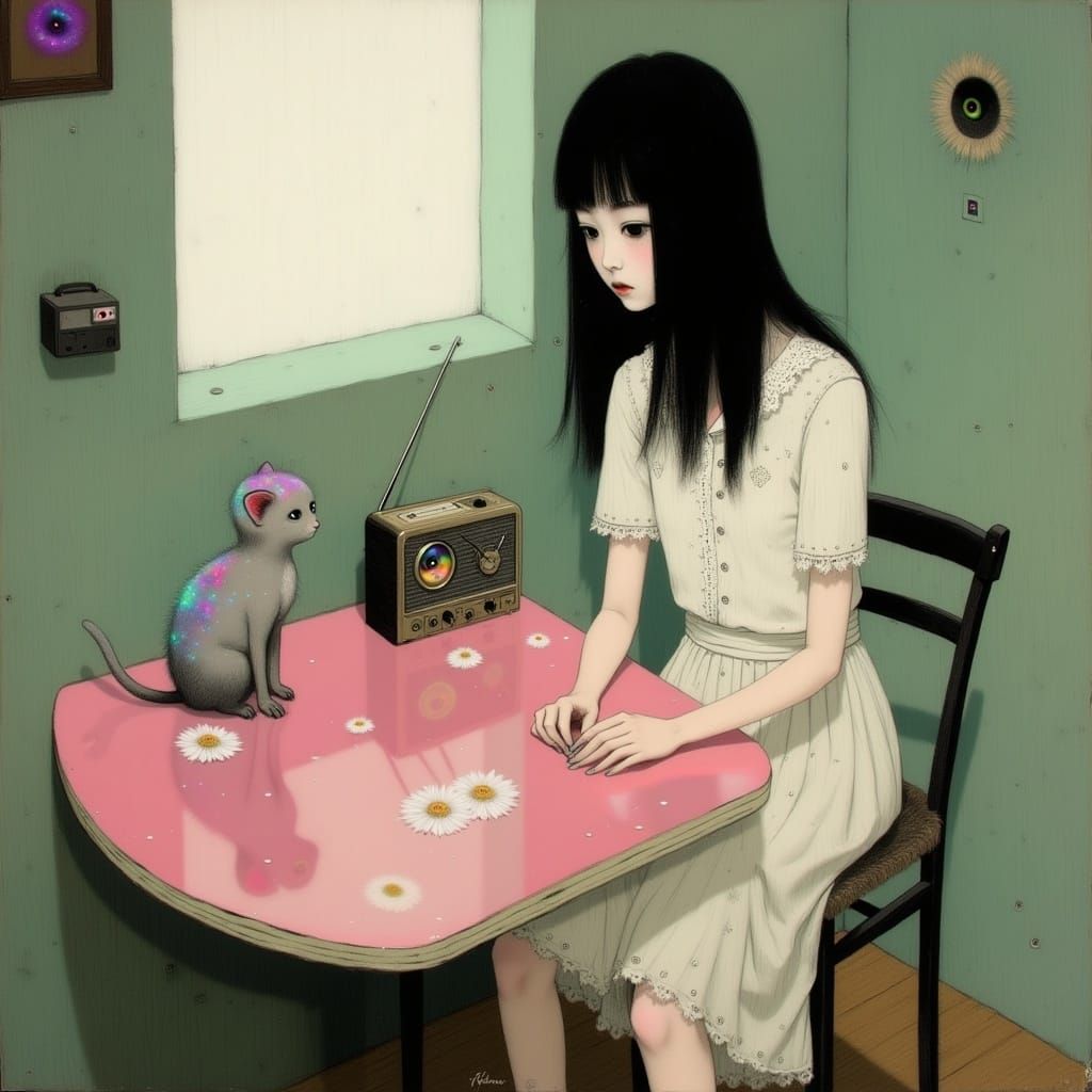 Ethereal Girl Sits at Glossy Pink Formica Table in Dreamy, R...