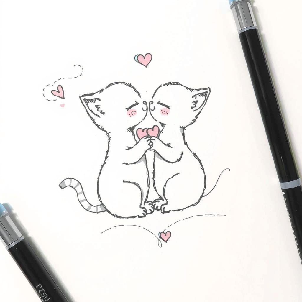 Cute Cats Kissing in Whimsical Ambrosia Ink Art