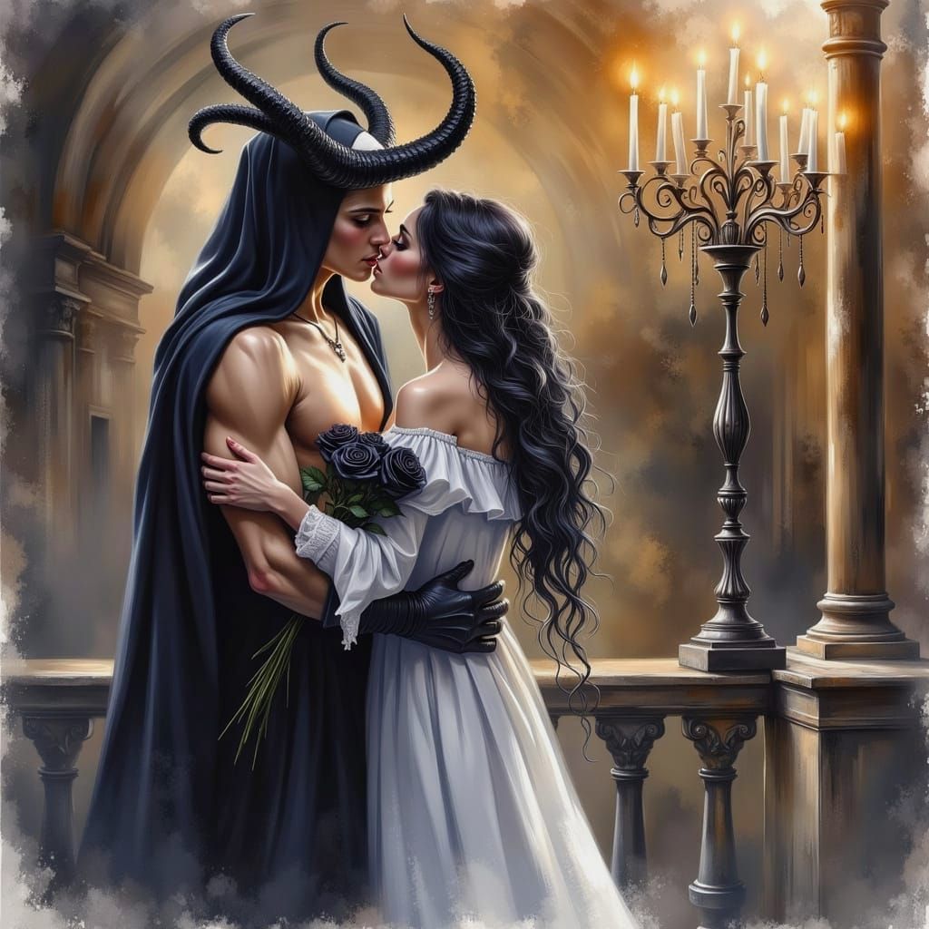 Seductive Nun Meets Dark Demon in a Romantic Gothic Scene